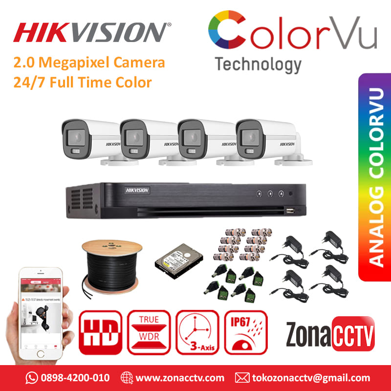 Paket 4 Camera Hikvision ColorVu 2MP Outdoor