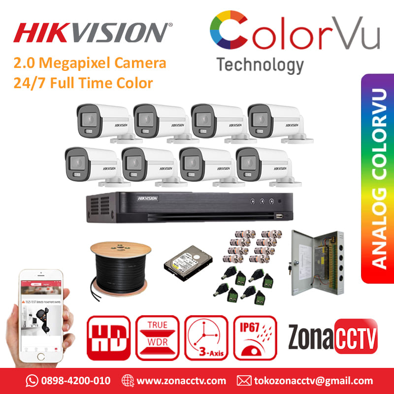 Paket 8 Kamera Outdoor 2MP HIKVISION COLORVU